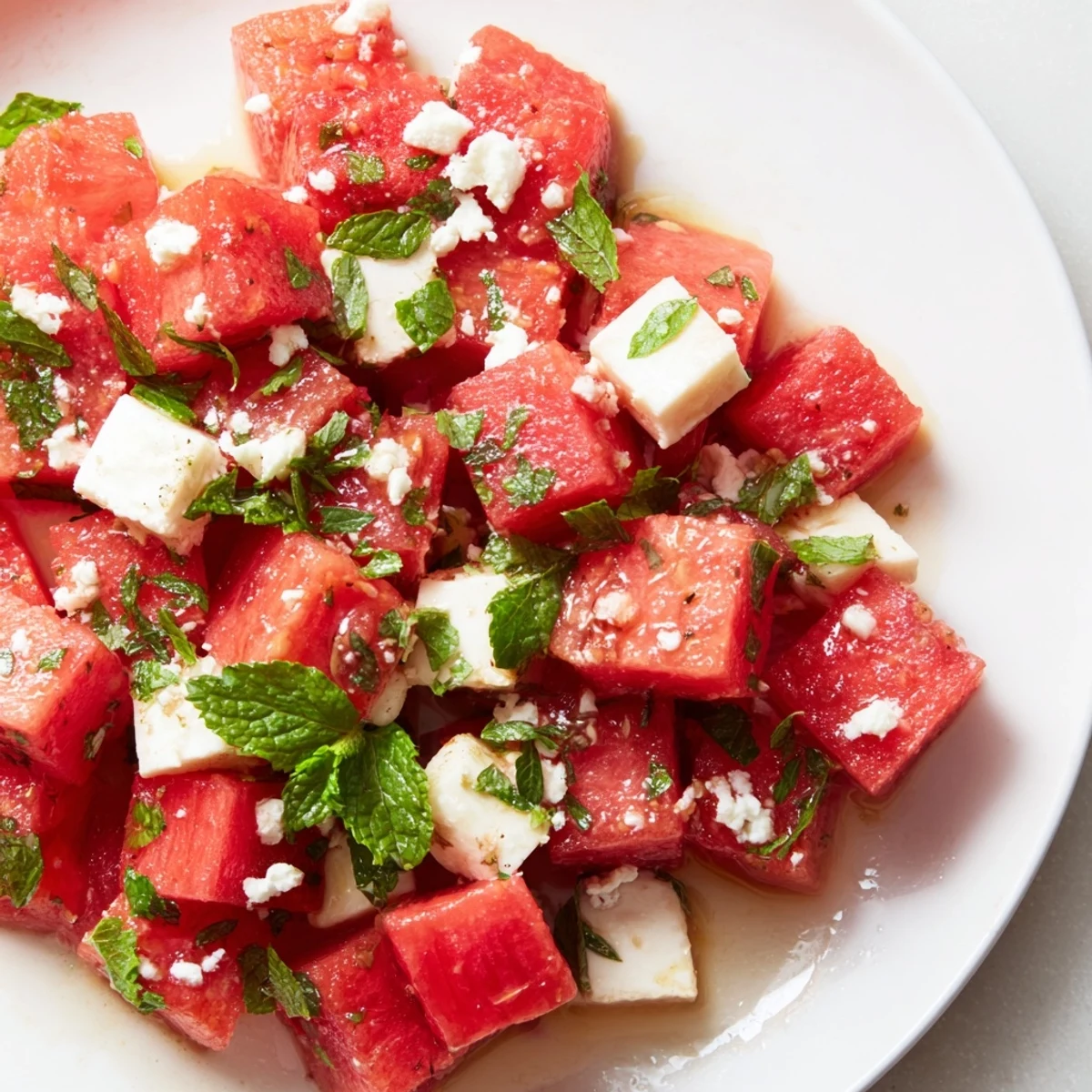 Fresh strawberry watermelon salad with tangy honey lime dressing served in chilled bowl