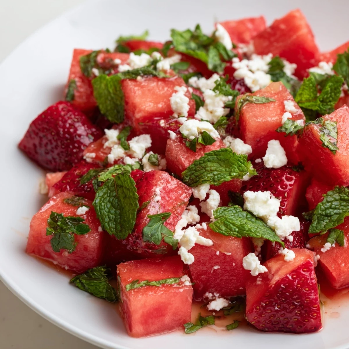 Summer strawberry watermelon salad featuring honey lime vinaigrette over ripe red fruit chunks