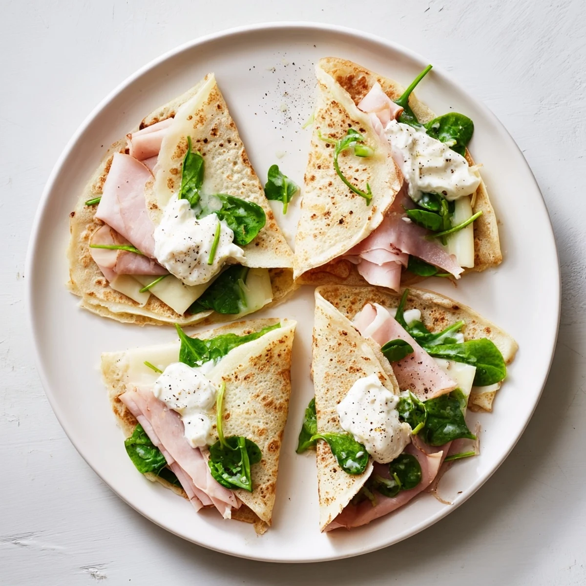 French-style savory crepes rolled with cheesy spinach filling and served warm on a white plate