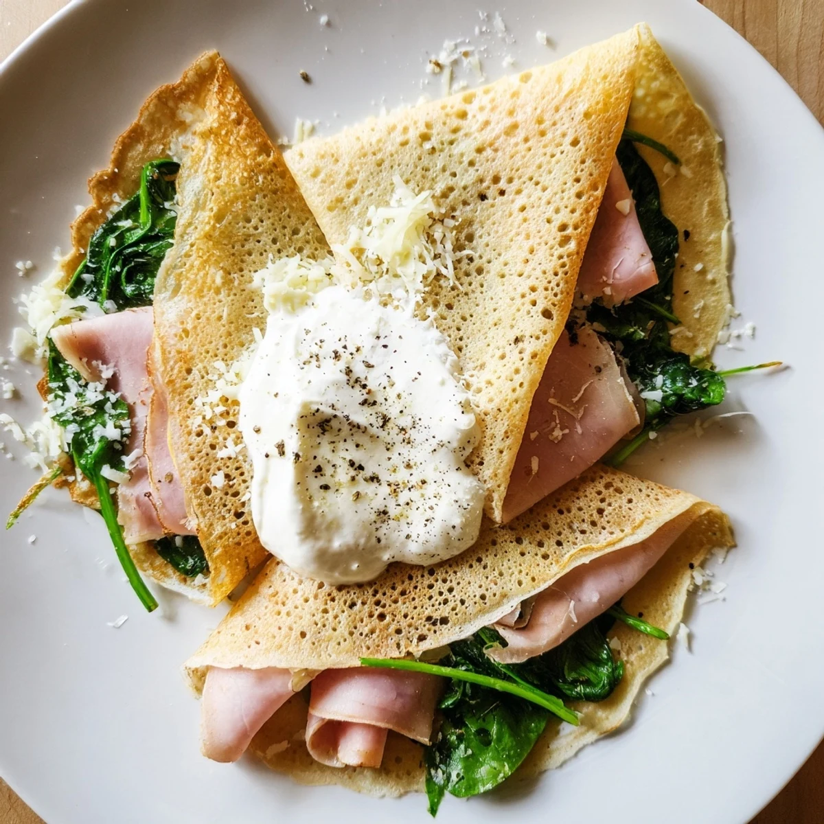 Thin delicate savory crepes baked until golden with a gooey cheese and ham center