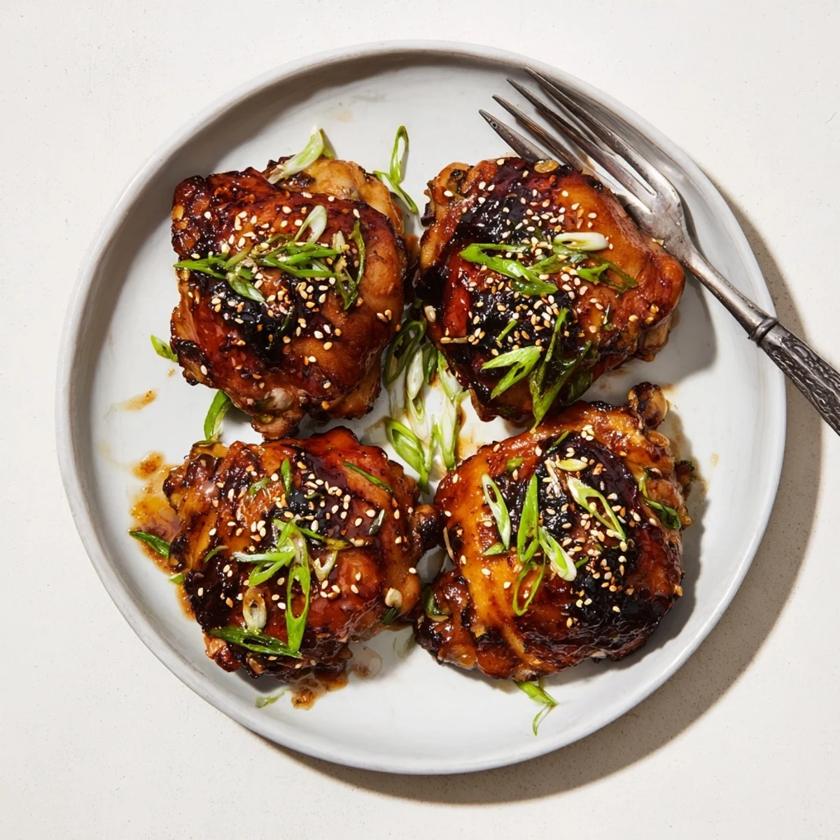 Golden oven-roasted garlic miso chicken thighs with caramelized edges and sesame garnish