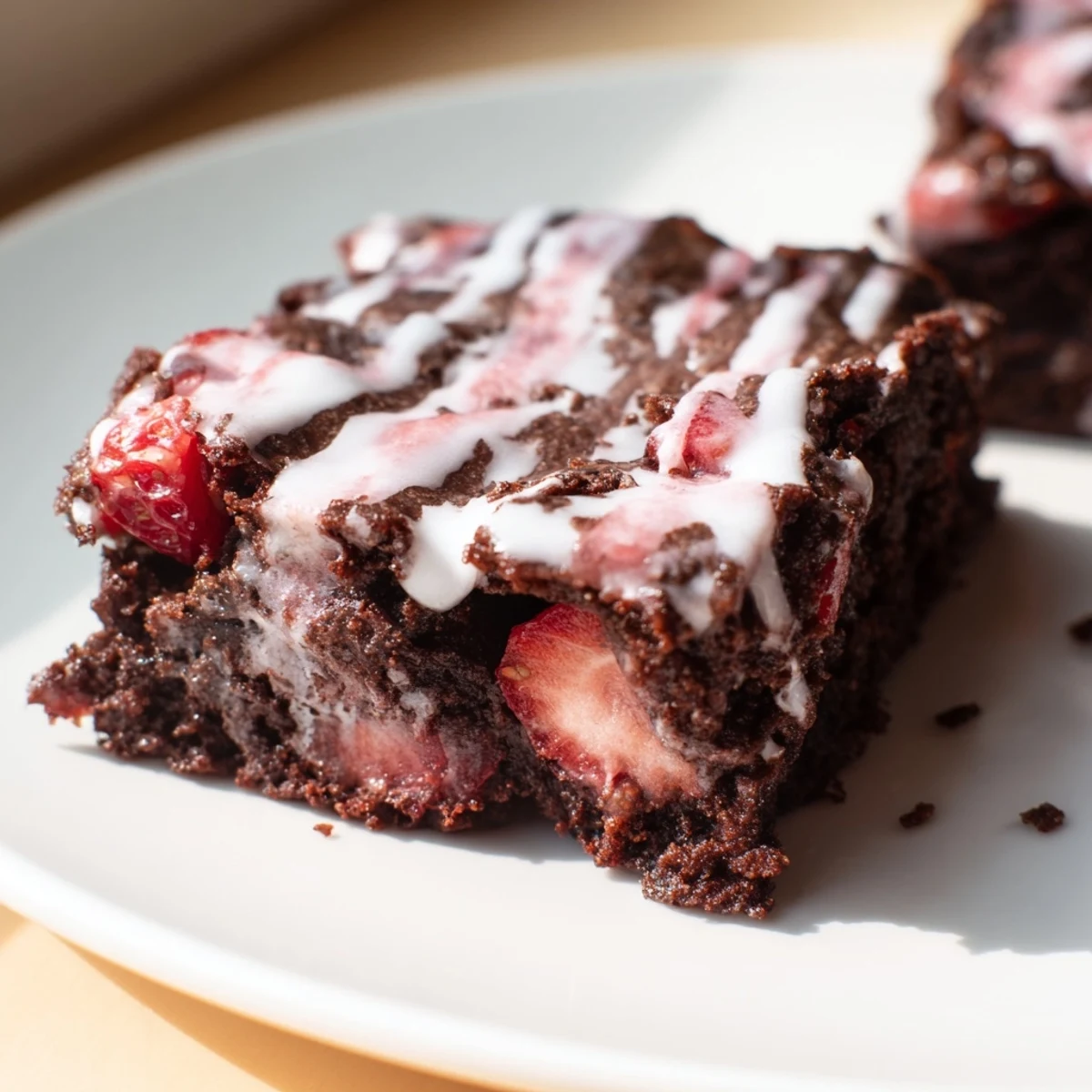 Fudgy easy strawberry brownies topped with sweet pink glaze on a white serving plate