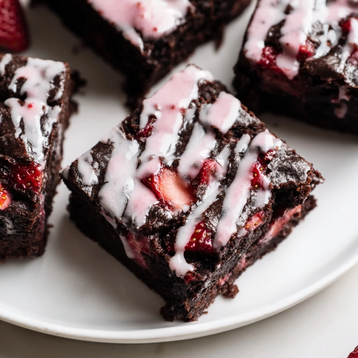Warm easy strawberry brownies drizzled with strawberry glaze, perfect for sharing with friends