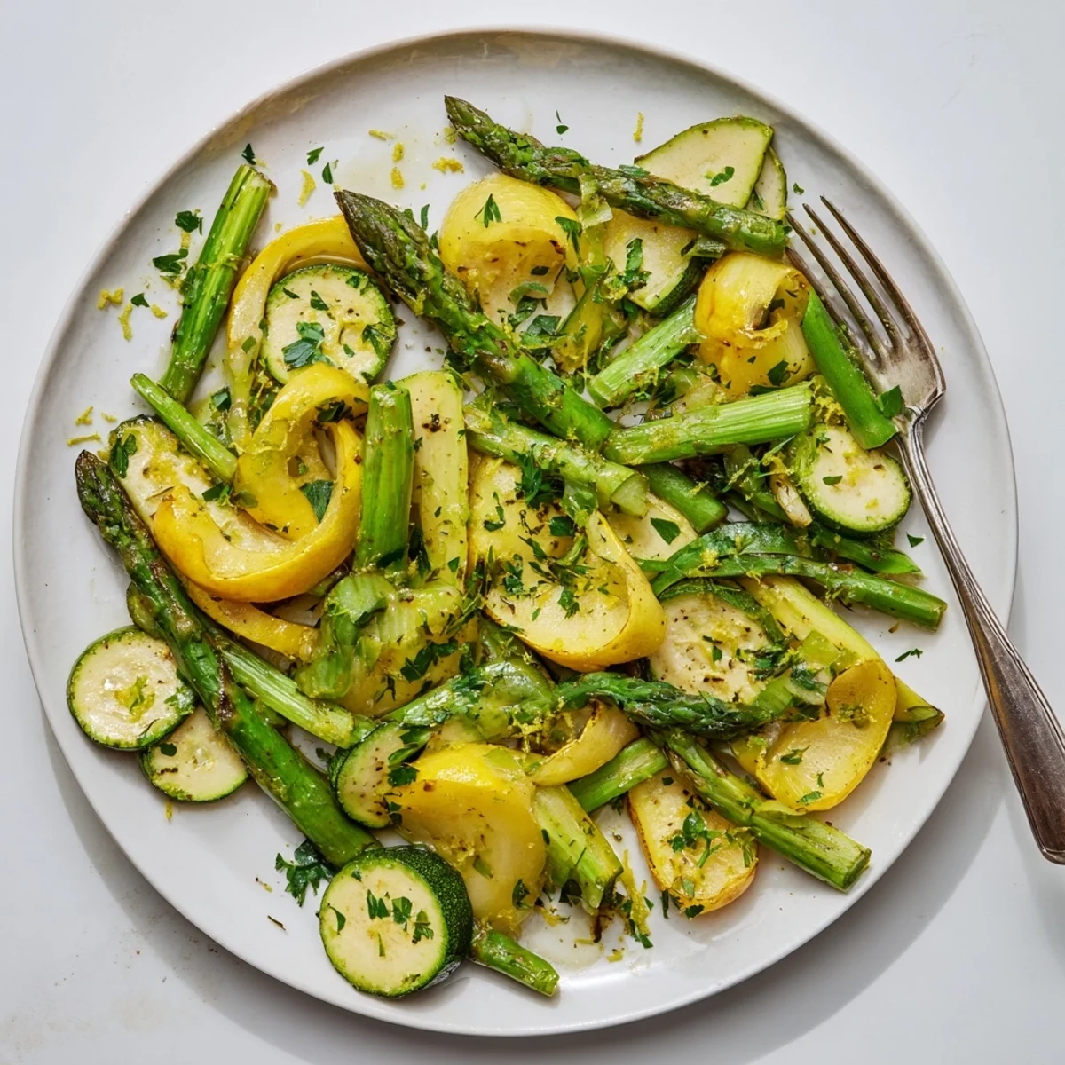 Vibrant asparagus with zucchini and squash sautéed in olive oil with fresh herbs