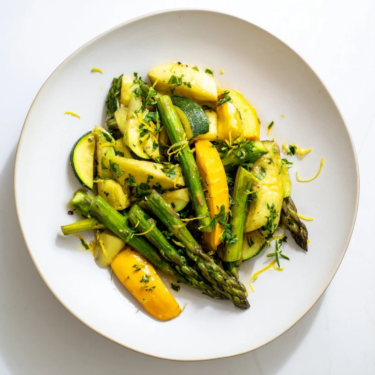 Golden tender asparagus zucchini and yellow squash medley seasoned with garlic and lemon