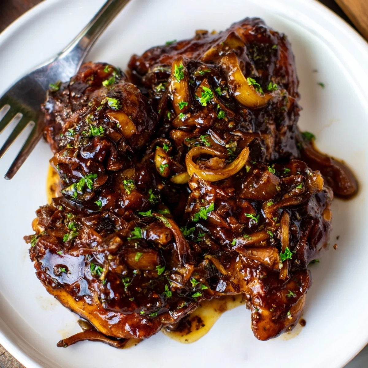 Golden brown chicken thighs glazed in rich balsamic sauce garnished with fresh parsley