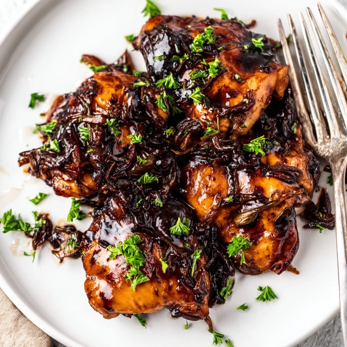 Succulent chicken thighs slow cooked in tangy sweet balsamic glaze with red onion slices