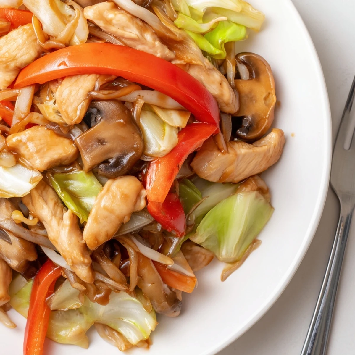 Homemade Chop Suey packed with vibrant vegetables and sliced meat in thick savory glaze