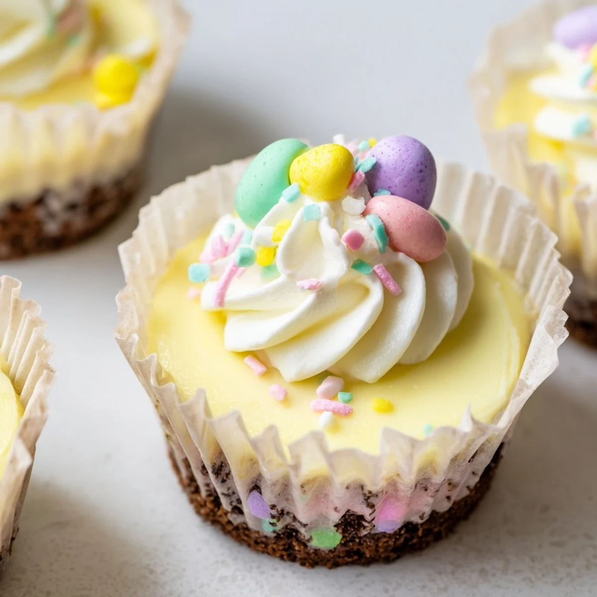 Festive Easter Cadbury Mini Cheesecakes with whipped cream and pastel Mini Egg garnish