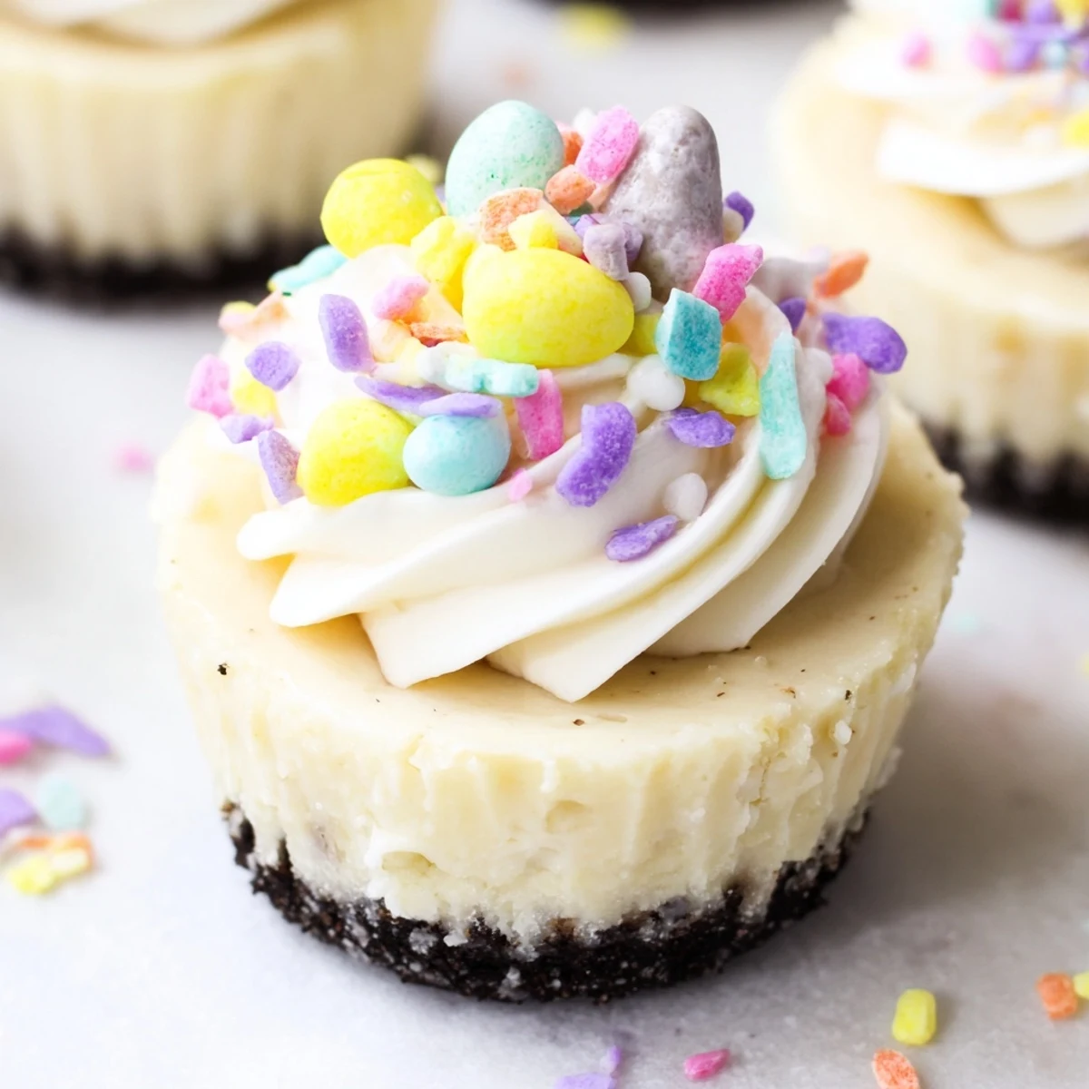 Creamy Easter Cadbury Mini Cheesecakes topped with colorful candy eggs on chocolate crust