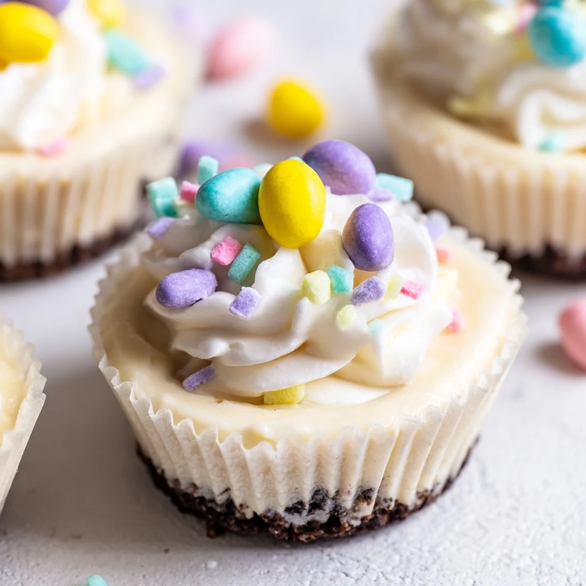Mini Easter Cadbury cheesecakes featuring smooth cream cheese filling and crunchy chocolate cookie base