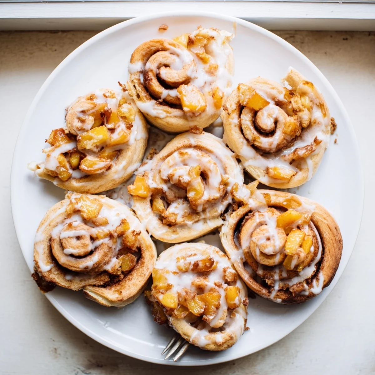 Golden peach pie cinnamon rolls drizzled with vanilla glaze on a serving platter
