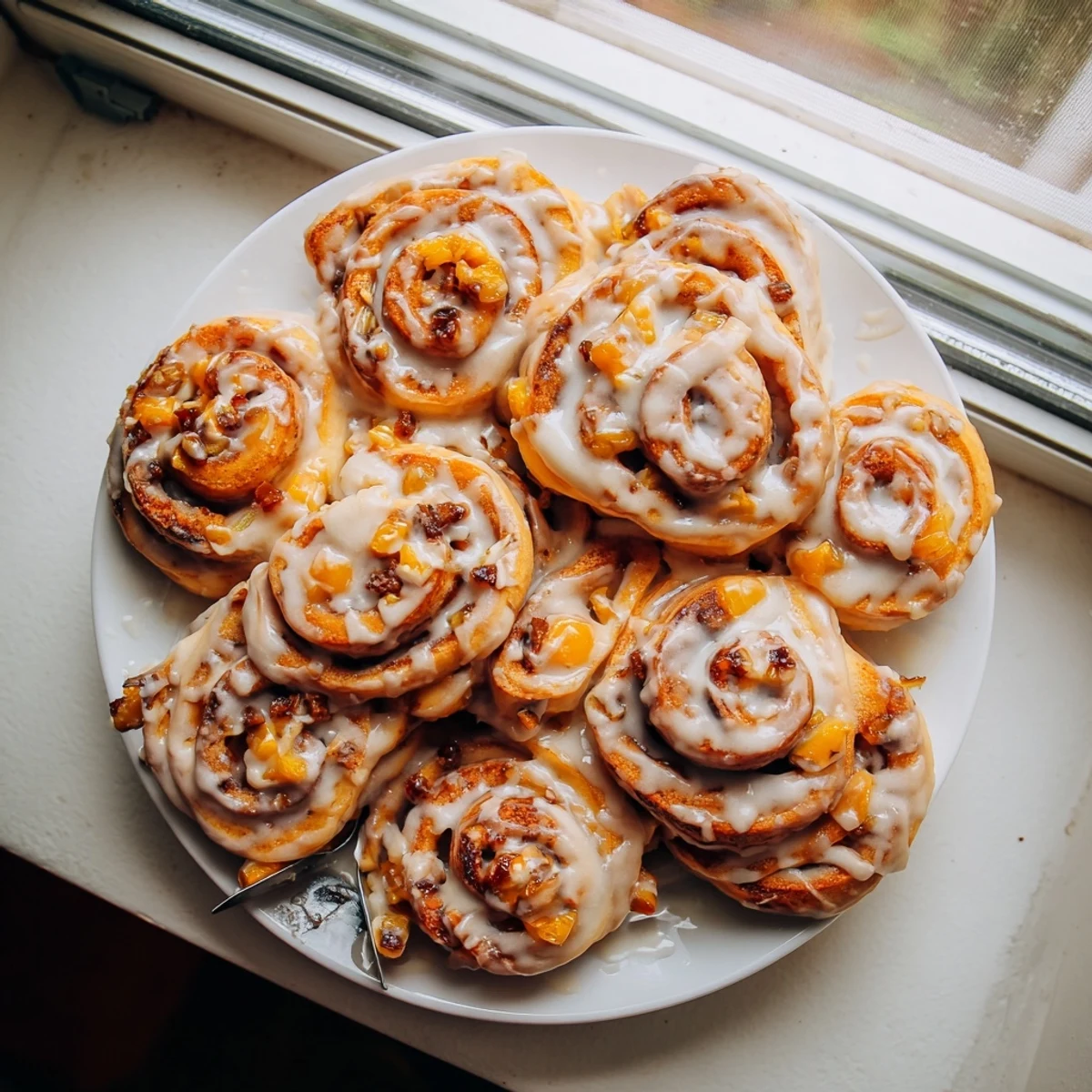 Warm homemade peach pie cinnamon rolls with juicy fruit filling and glazed tops
