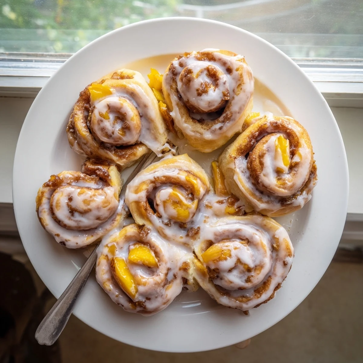 Fresh peach cinnamon spiral rolls topped with sweet white icing and cinnamon dusting
