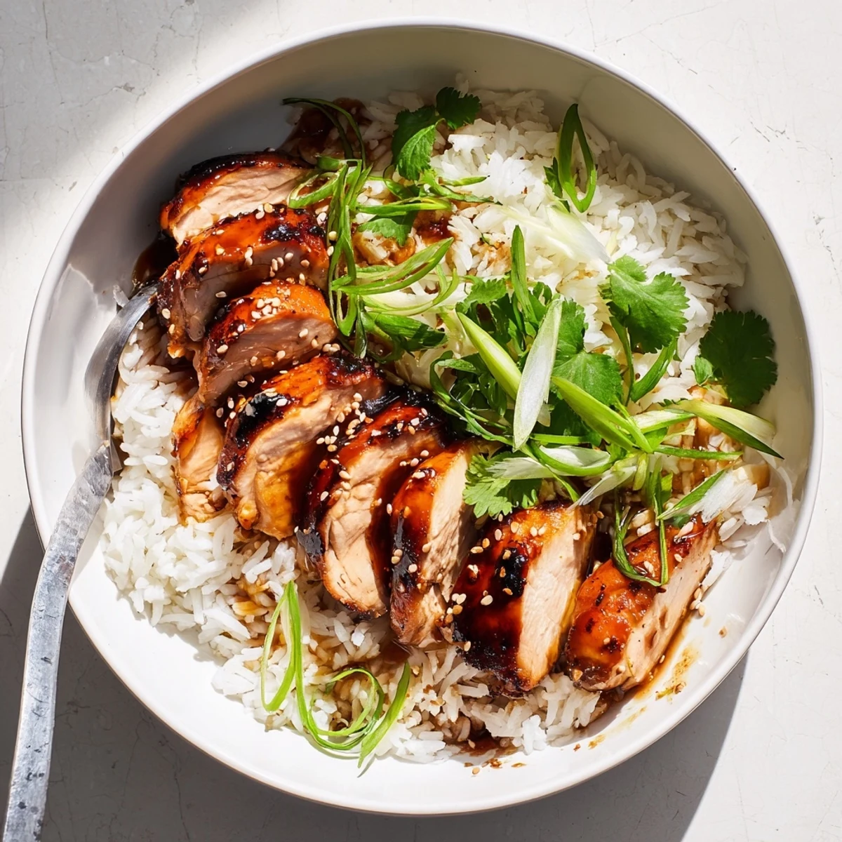 Golden brown chicken thighs glazed in sweet soy caramel resting over steaming jasmine rice