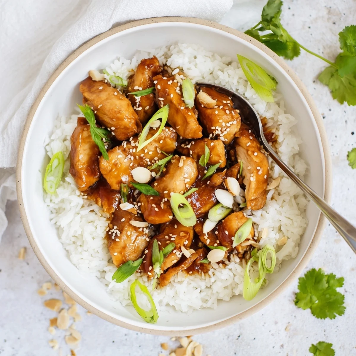 Caramelized soy chicken pieces submerged in fragrant garlic ginger broth with fluffy white rice
