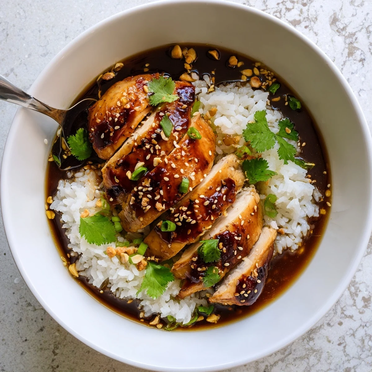 Tender chicken simmered in savory garlic ginger broth served atop a bed of steamed rice