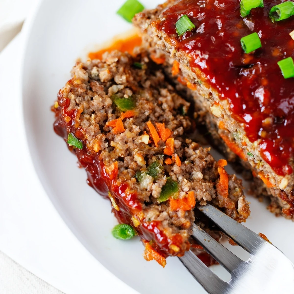 Freshly baked Korean meatloaf brushed with spicy gochujang glaze, resting on a white serving plate