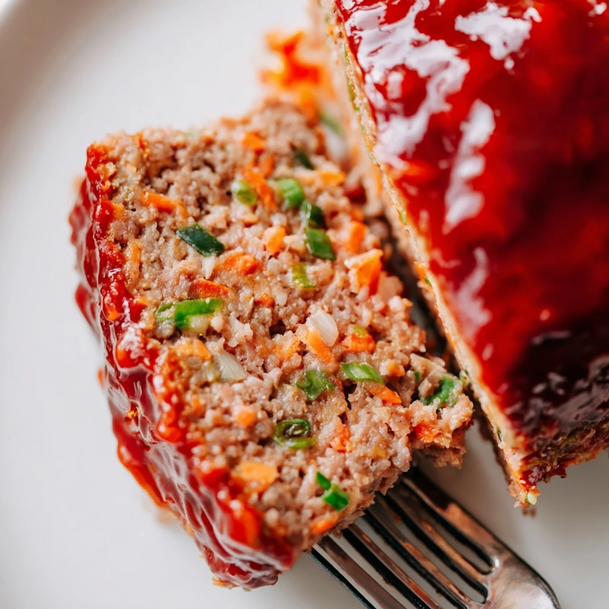 Sliced Korean meatloaf with gochujang glaze showcasing shiny red coating on juicy beef