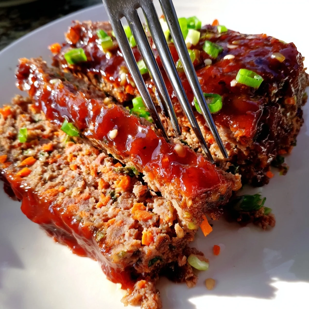 Korean meatloaf with gochujang glaze displayed with steamed rice and kimchi for a complete meal