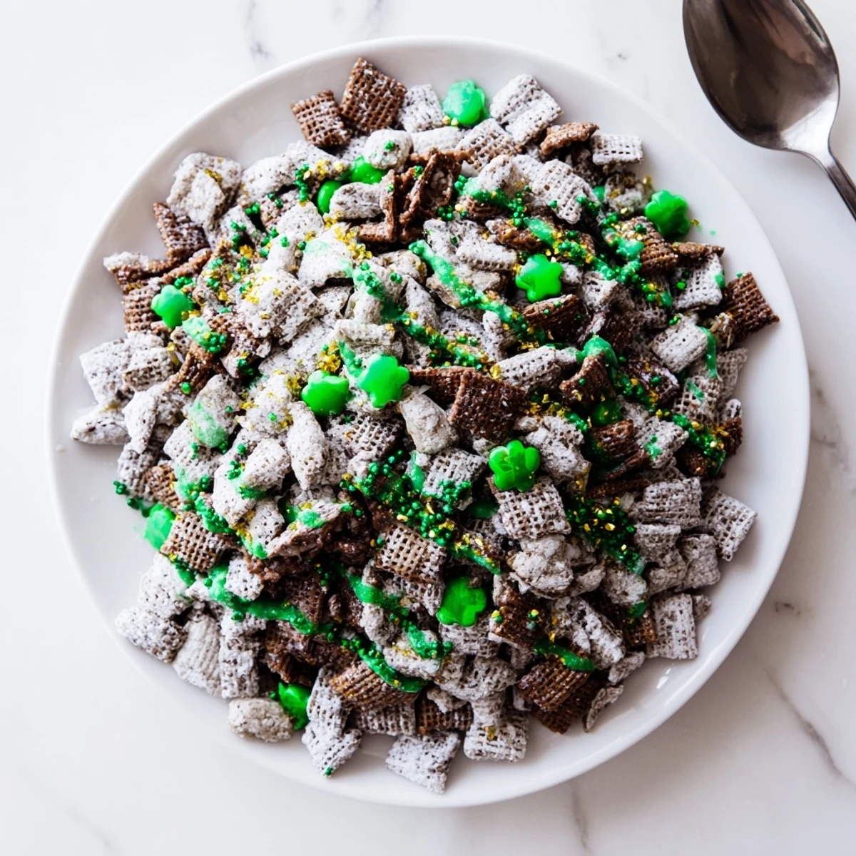 Festive St. Patricks Day puppy chow with green candy drizzle and gold sprinkles on white plate