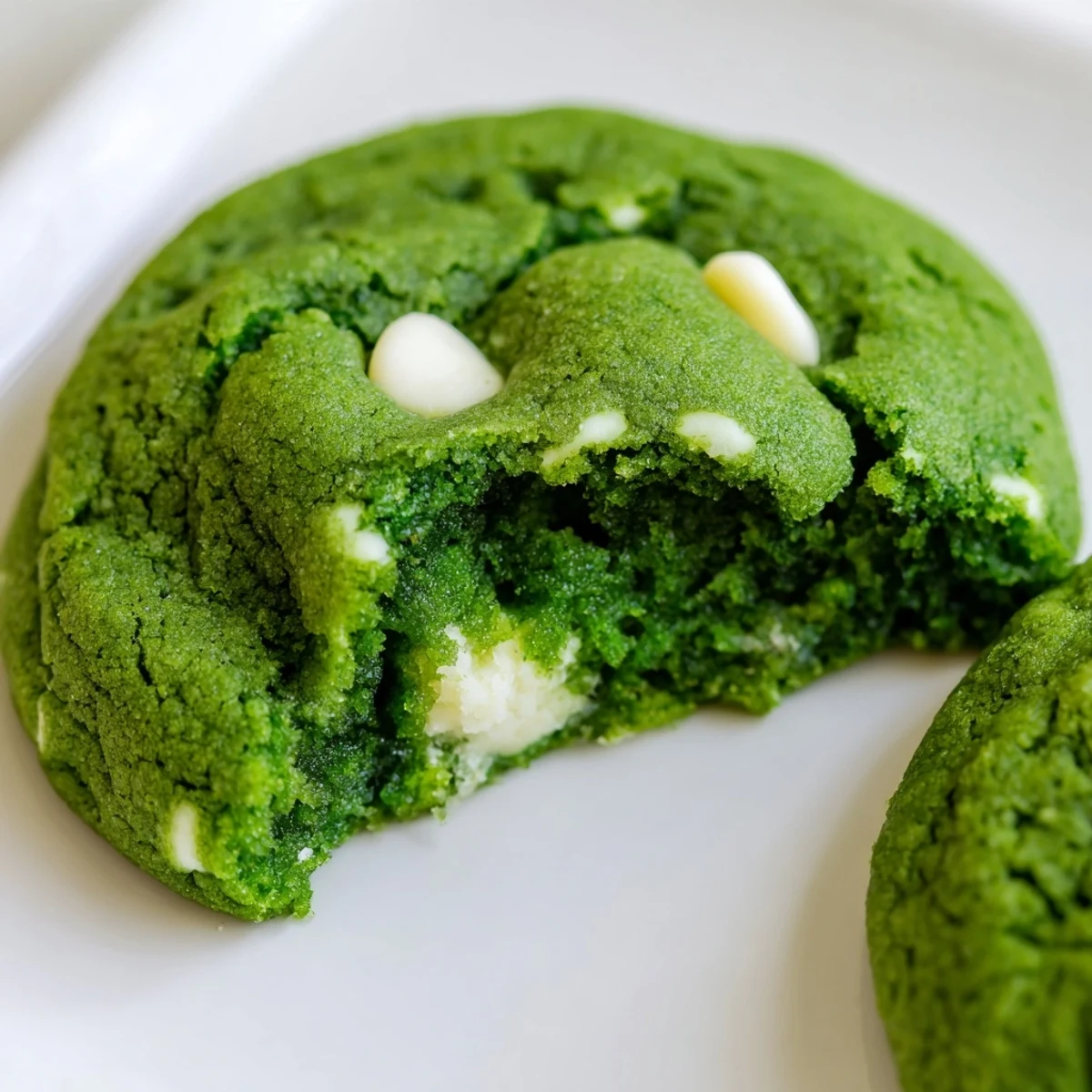 Soft baked green velvet cookies studded with melted white chocolate chips on a wire cooling rack