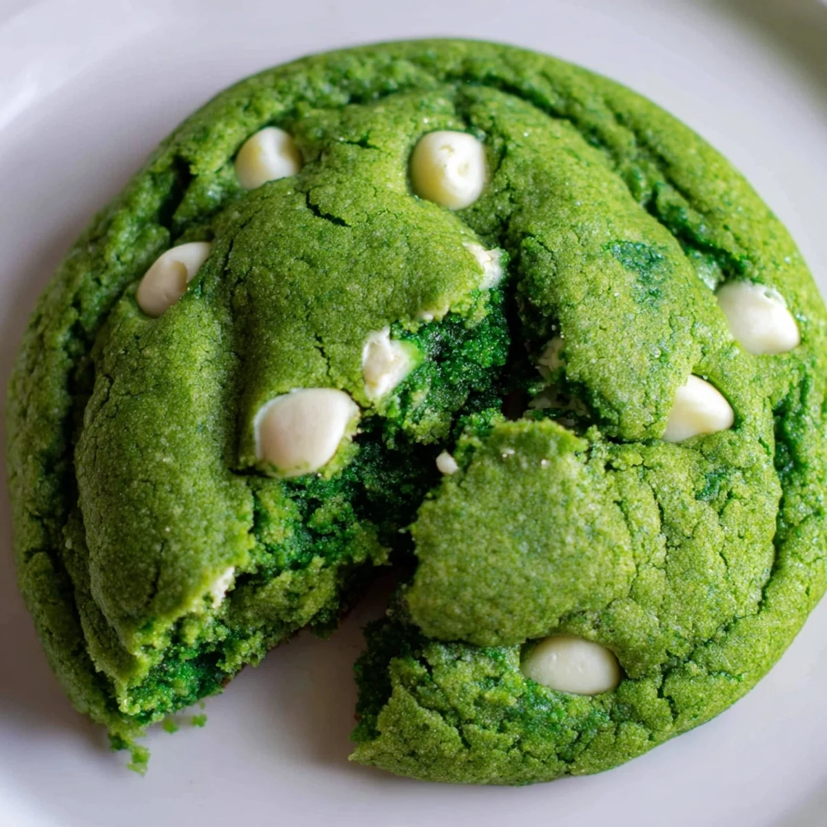Chewy green velvet cookies with crisp edges and soft centers stacked on a white plate