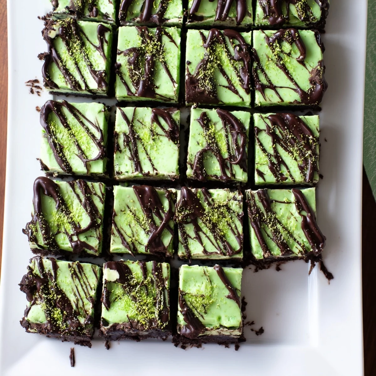 Rich creamy green mint cheesecake fudge bars with Irish cream liqueur and chocolate cookie base