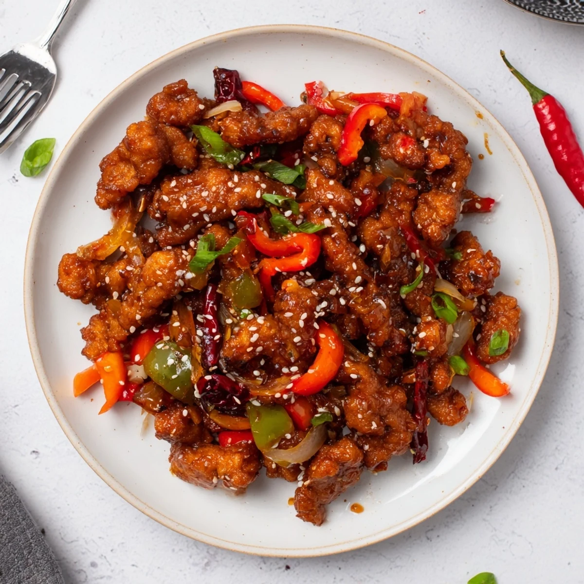 Chinese-style crispy chilli beef served in a white bowl garnished with fresh coriander and vibrant vegetable medley