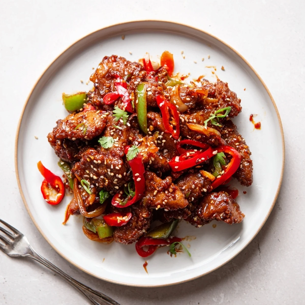 Golden crispy chilli beef tossed in spicy red sauce with colorful bell pepper slices and scattered sesame seeds