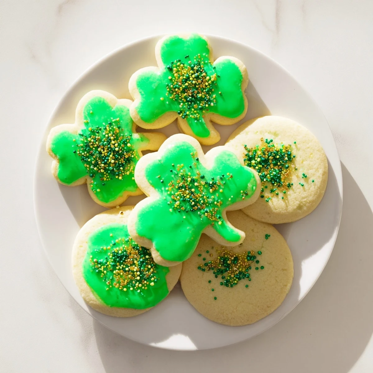 Festive St. Patricks Day sugar cookies topped with vibrant green icing and gold sprinkles