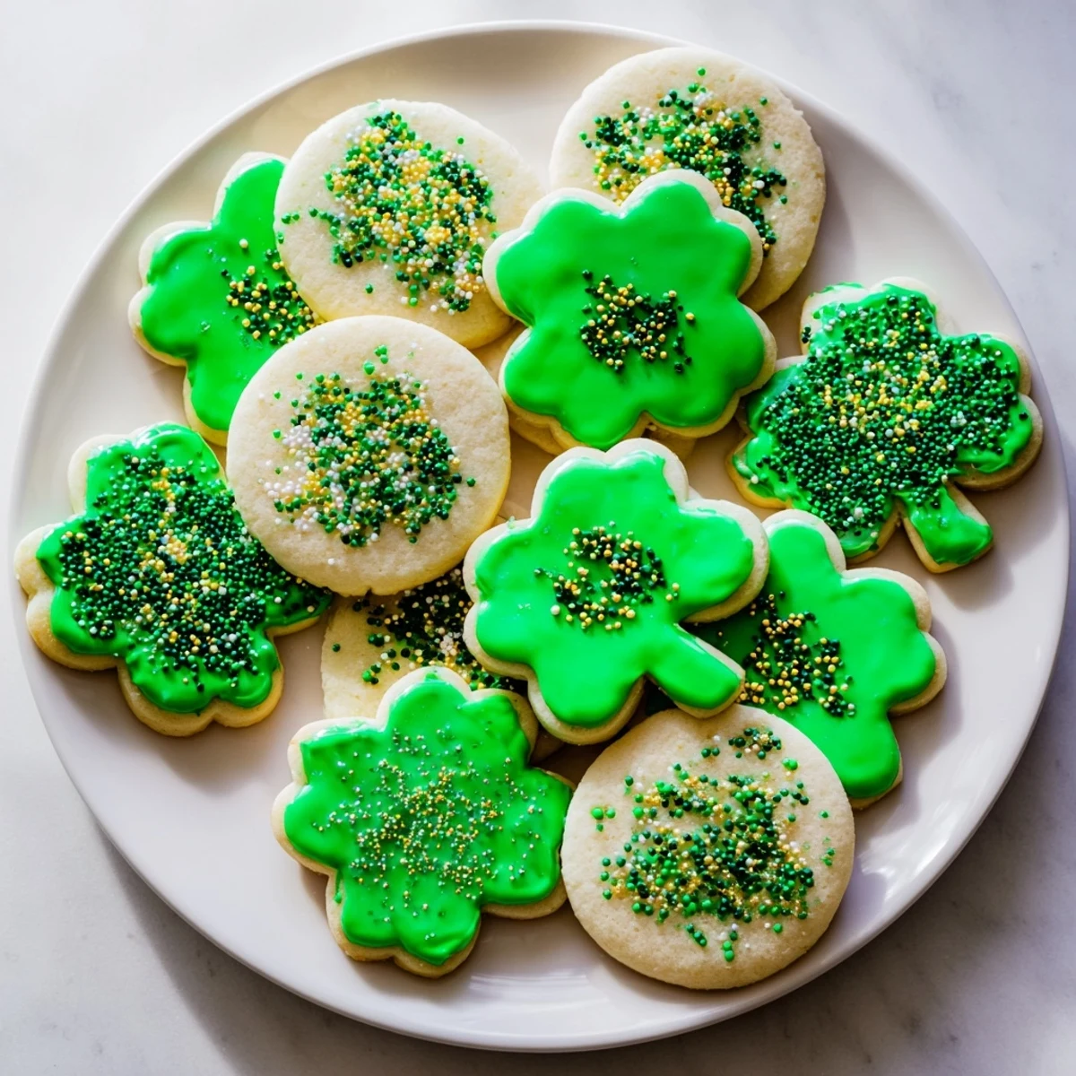 Tender homemade St. Patricks Day sugar cookies decorated with smooth green royal icing