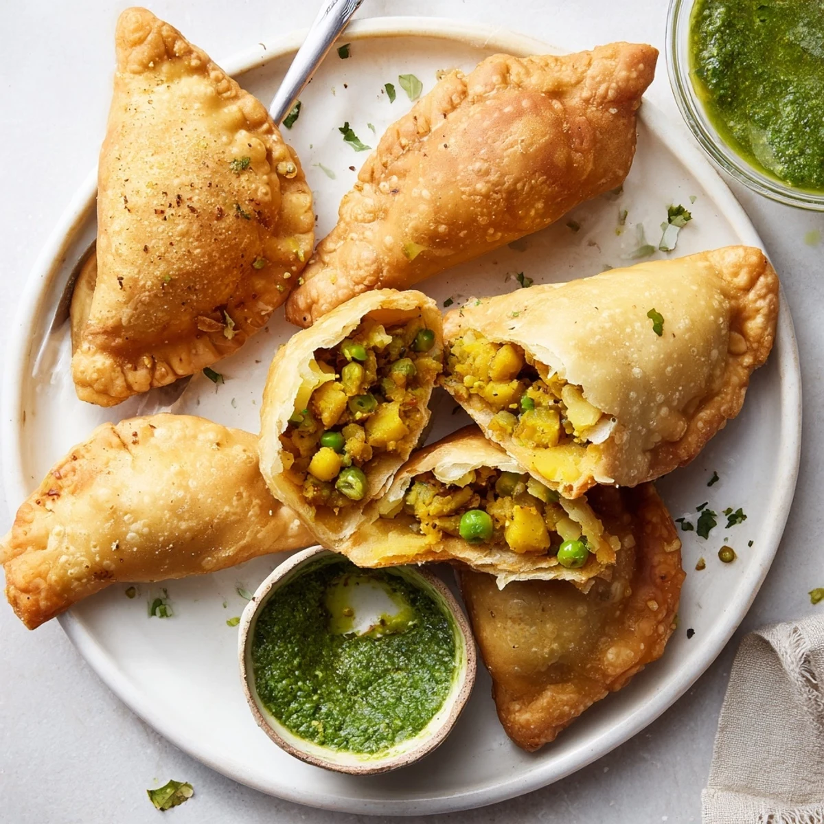 Golden vegetable samosas with spiced potato pea filling served on white plate