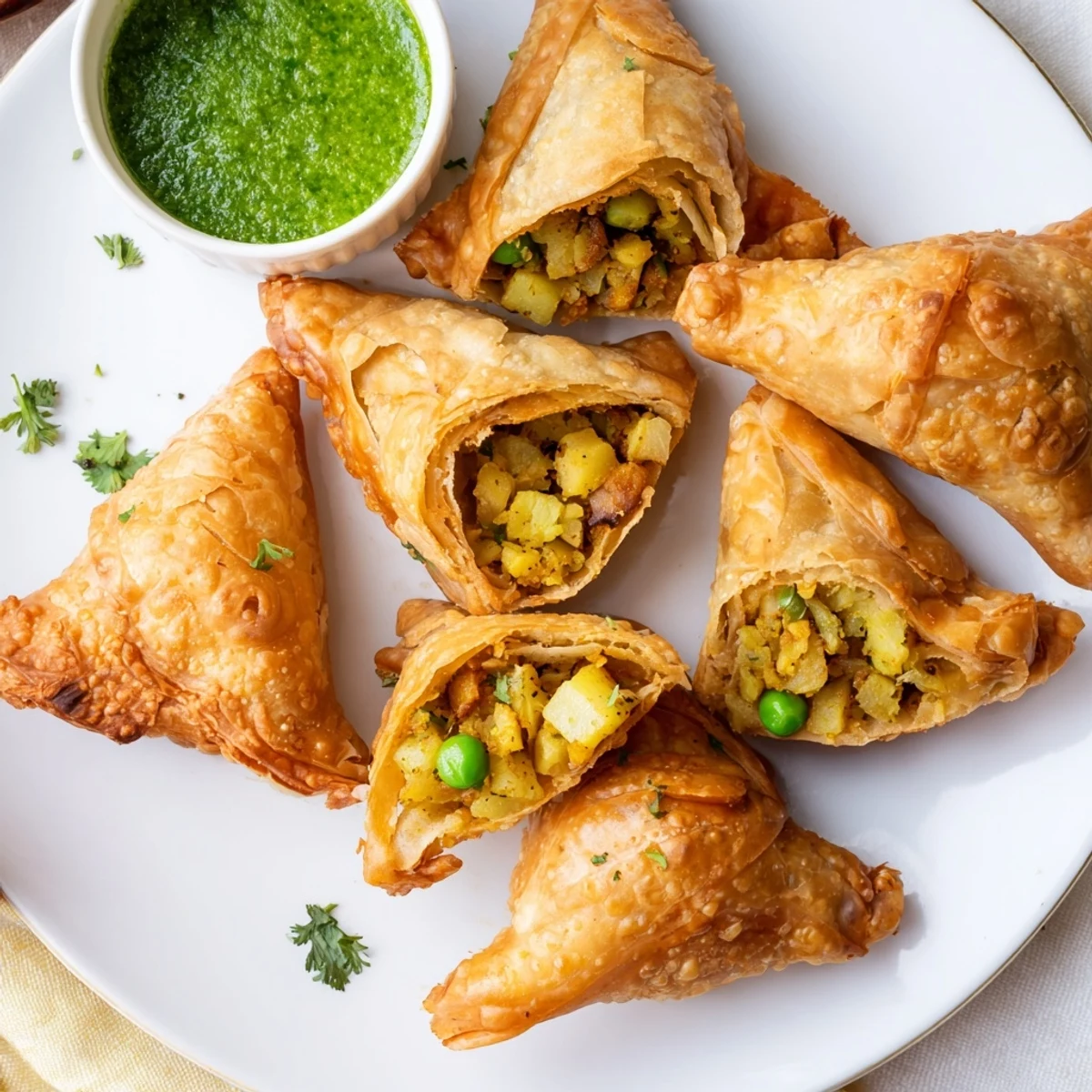 Crispy fried vegetable samosa appetizers arranged on wooden board with mint chutney