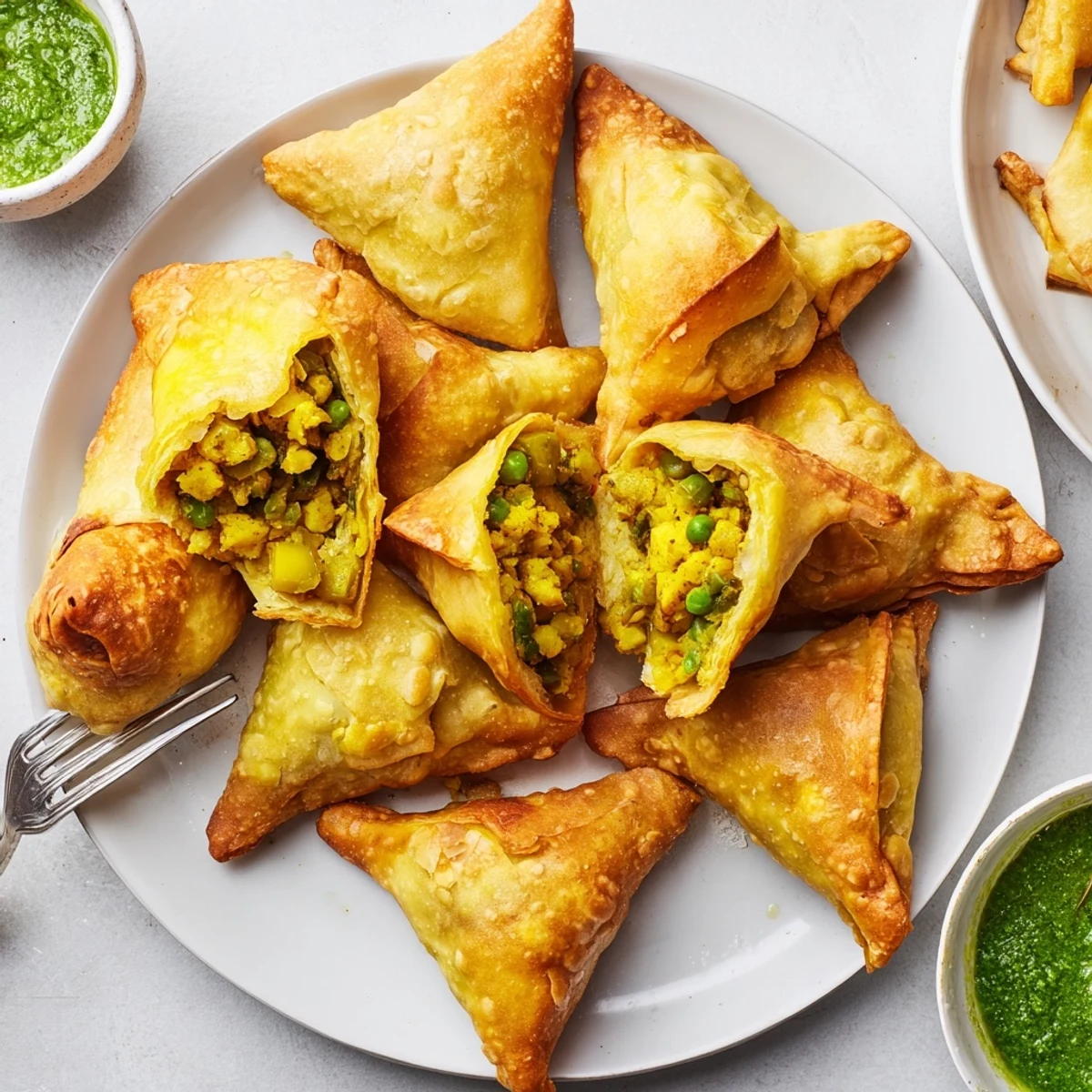Triangular pastry vegetable samosas hot from fryer with golden flaky crust texture