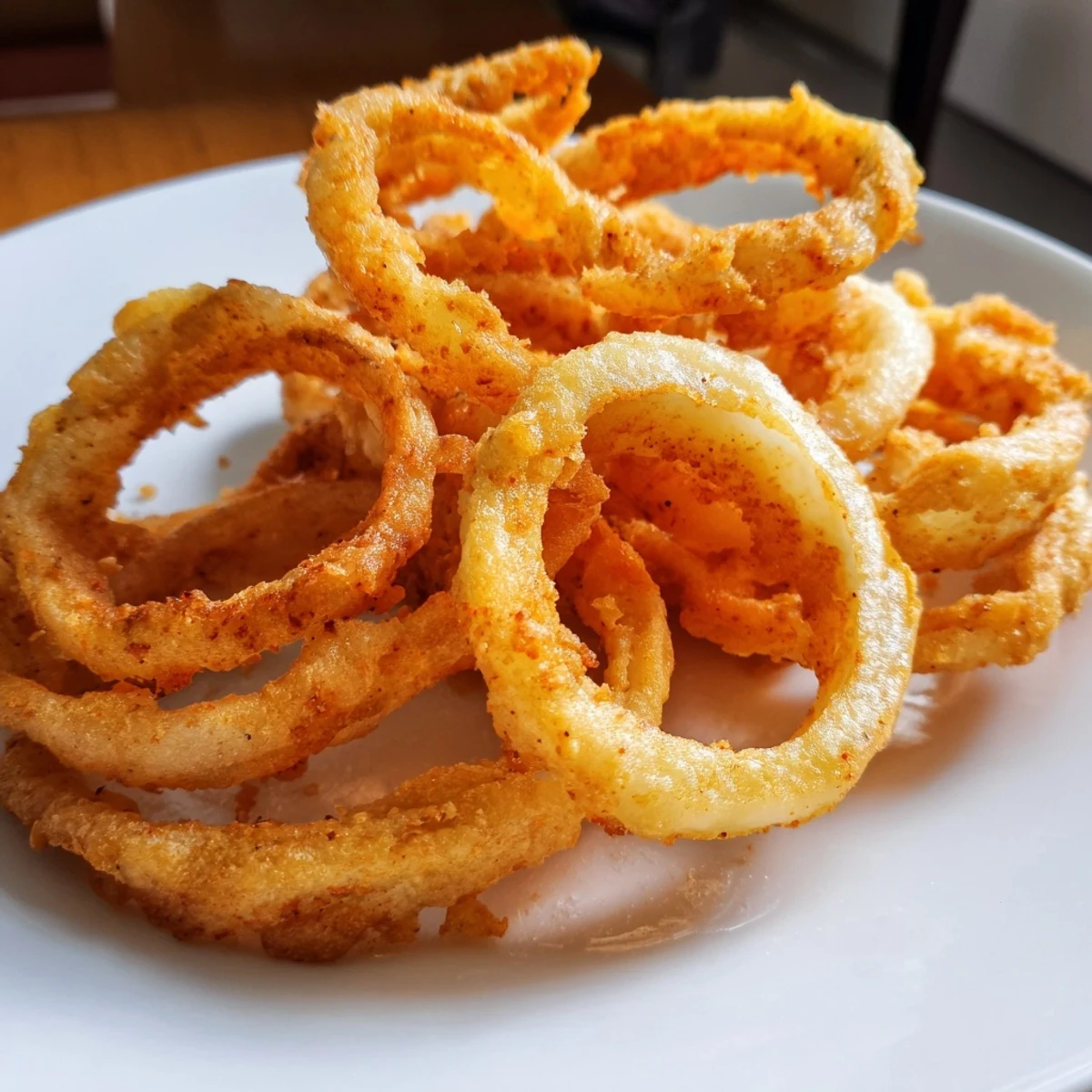 Golden brown onion ring chips arranged on a serving plate with ranch dipping sauce