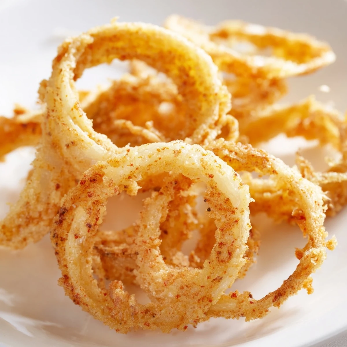 Crispy fried onion ring chips scattered on white background showing their delicate thin texture