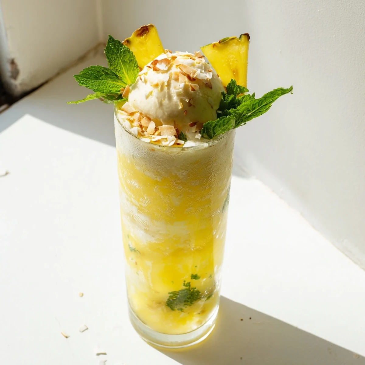 Golden tropical fruit swirl floats in bubbly soda with melting vanilla ice cream scoop