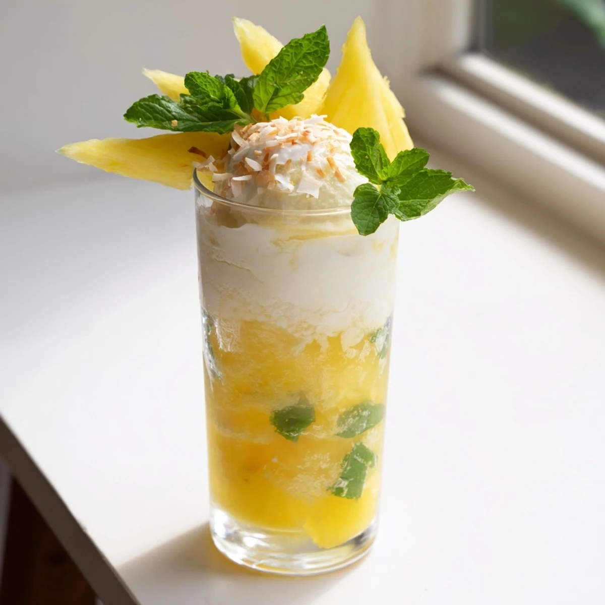 Vegan paradise float layered with creamy mango pineapple blend and fizzy lemon-lime sparkling top