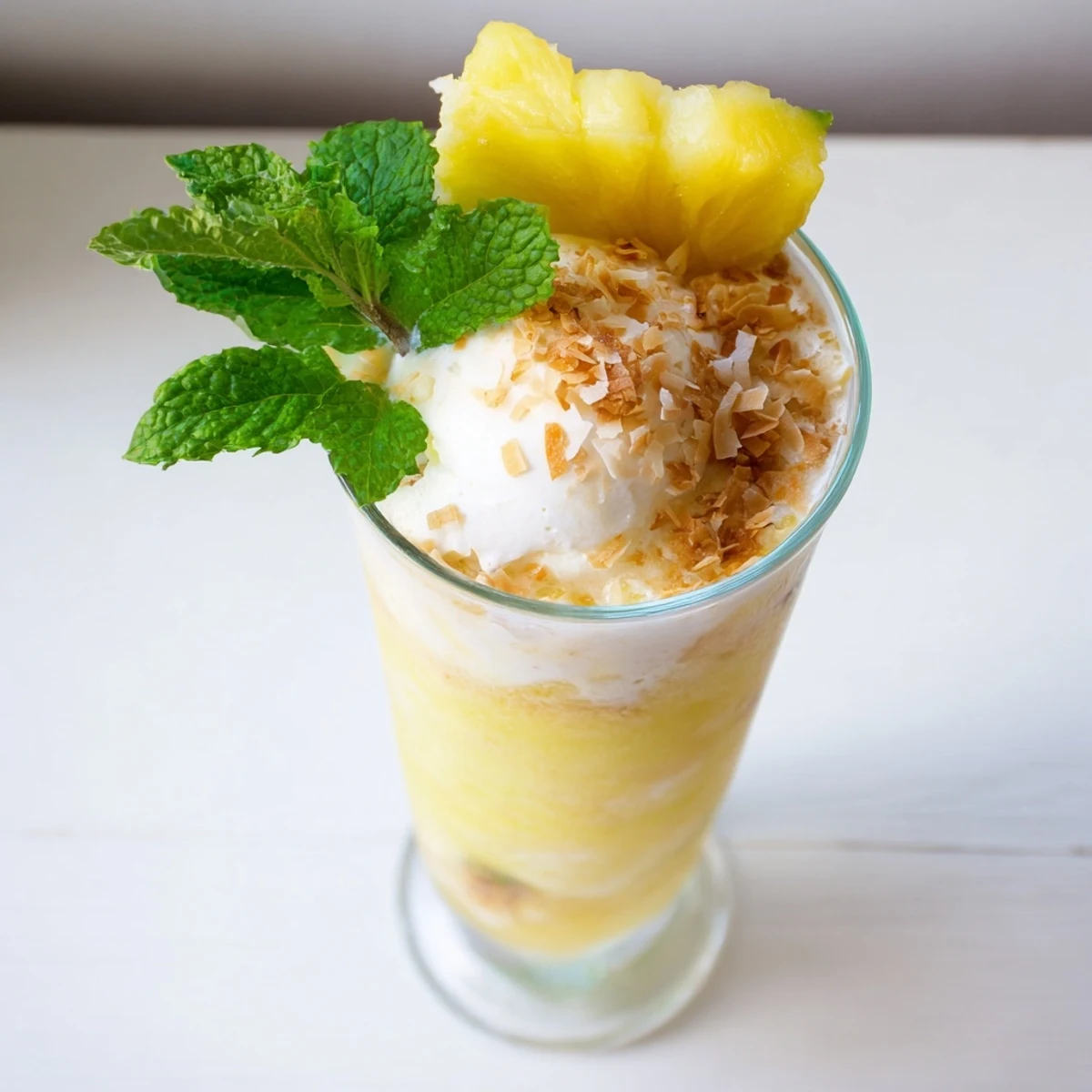 Tall glass dessert drink showcasing fresh mint garnish beside coconut-rimmed tropical fruit paradise float