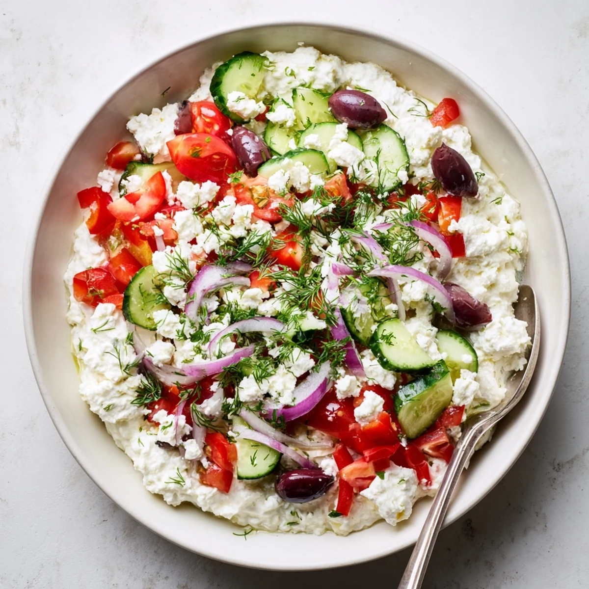 Colorful Greek salad cottage cheese bowl topped with cherry tomatoes, cucumber, olives, and crumbled feta