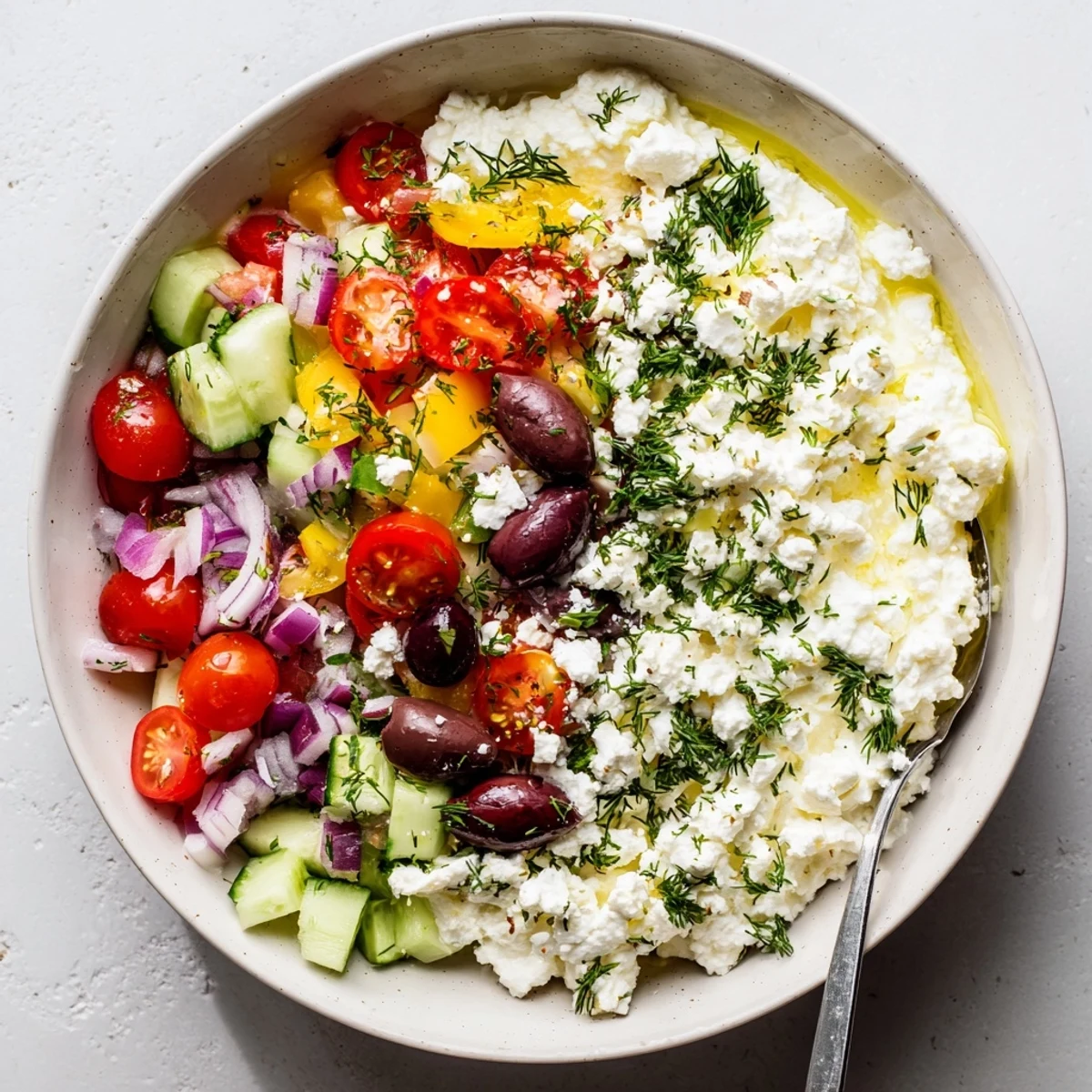 Creamy cottage cheese served crisp cucumber, tomatoes, and red onion in this easy Greek salad cottage cheese bowl