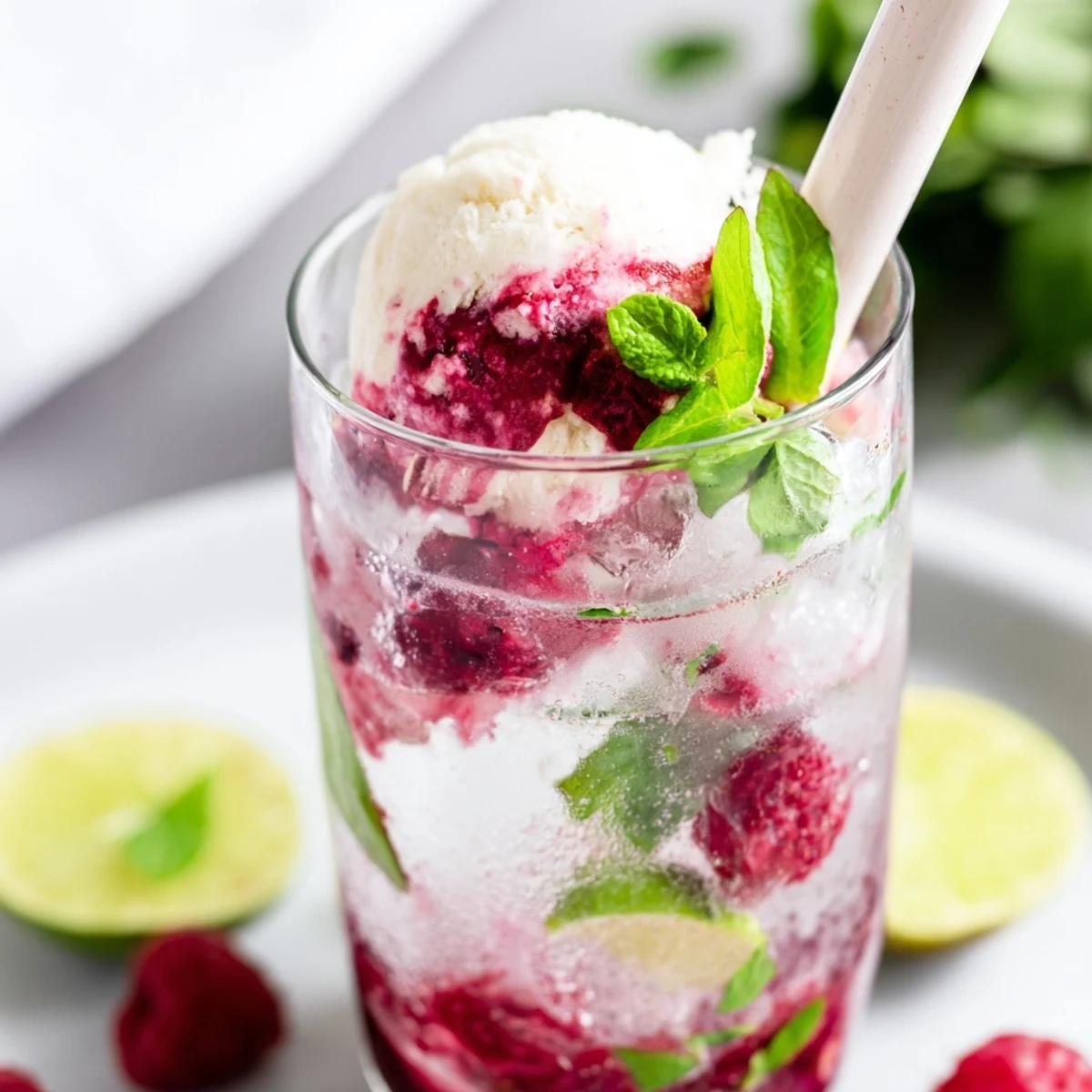 Tall glass of raspberry mint mojito rebel float mocktail topped with melting vanilla ice cream
