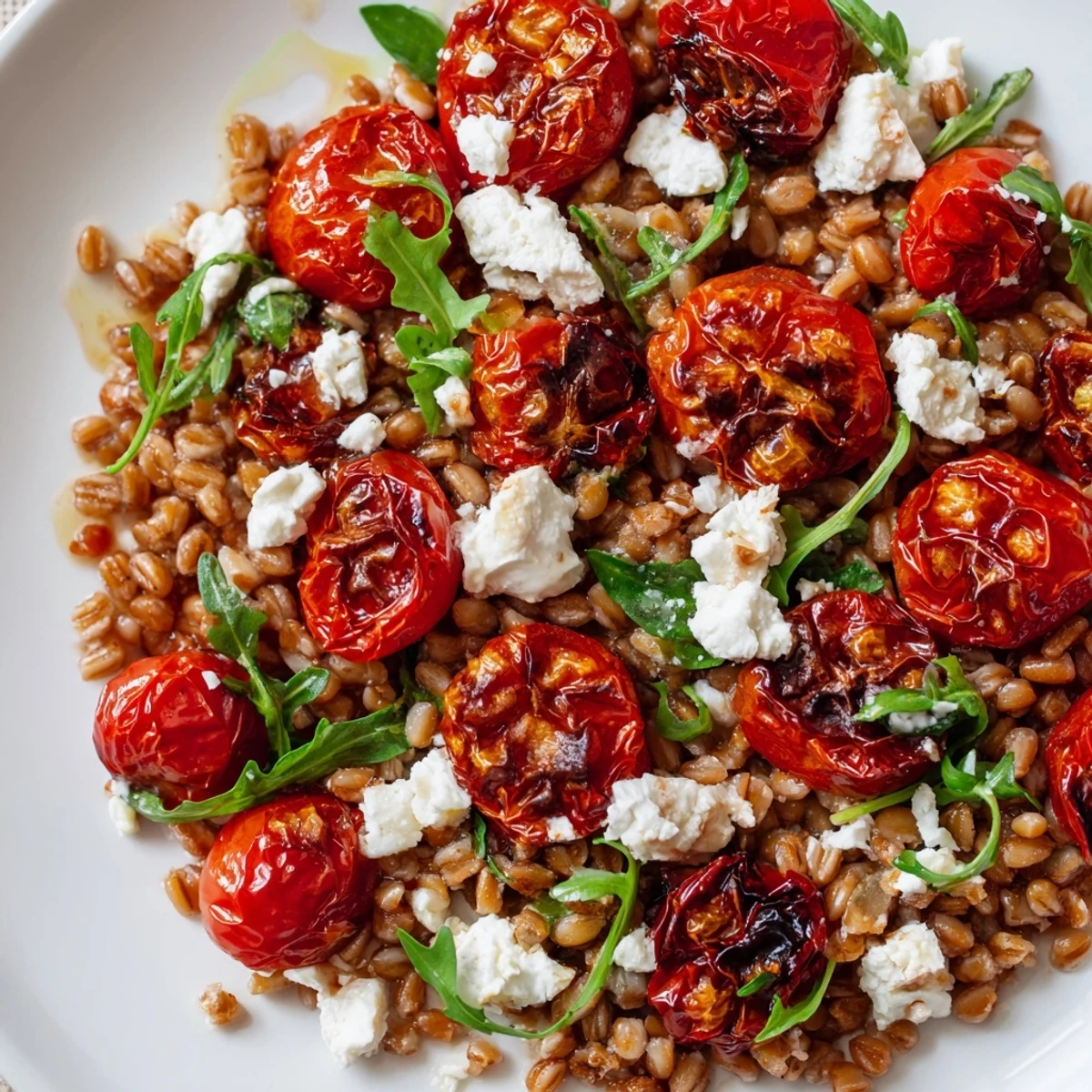 Golden slow-roasted tomatoes nestled atop chewy farro with crumbled feta and fresh herbs