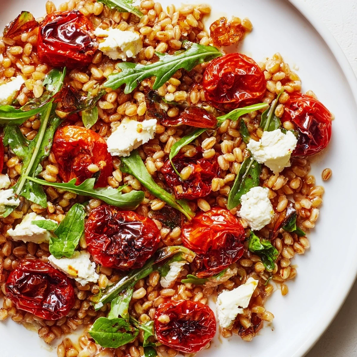 Vibrant Mediterranean grain salad featuring sweet roasted tomatoes, peppery arugula, and tangy feta cheese