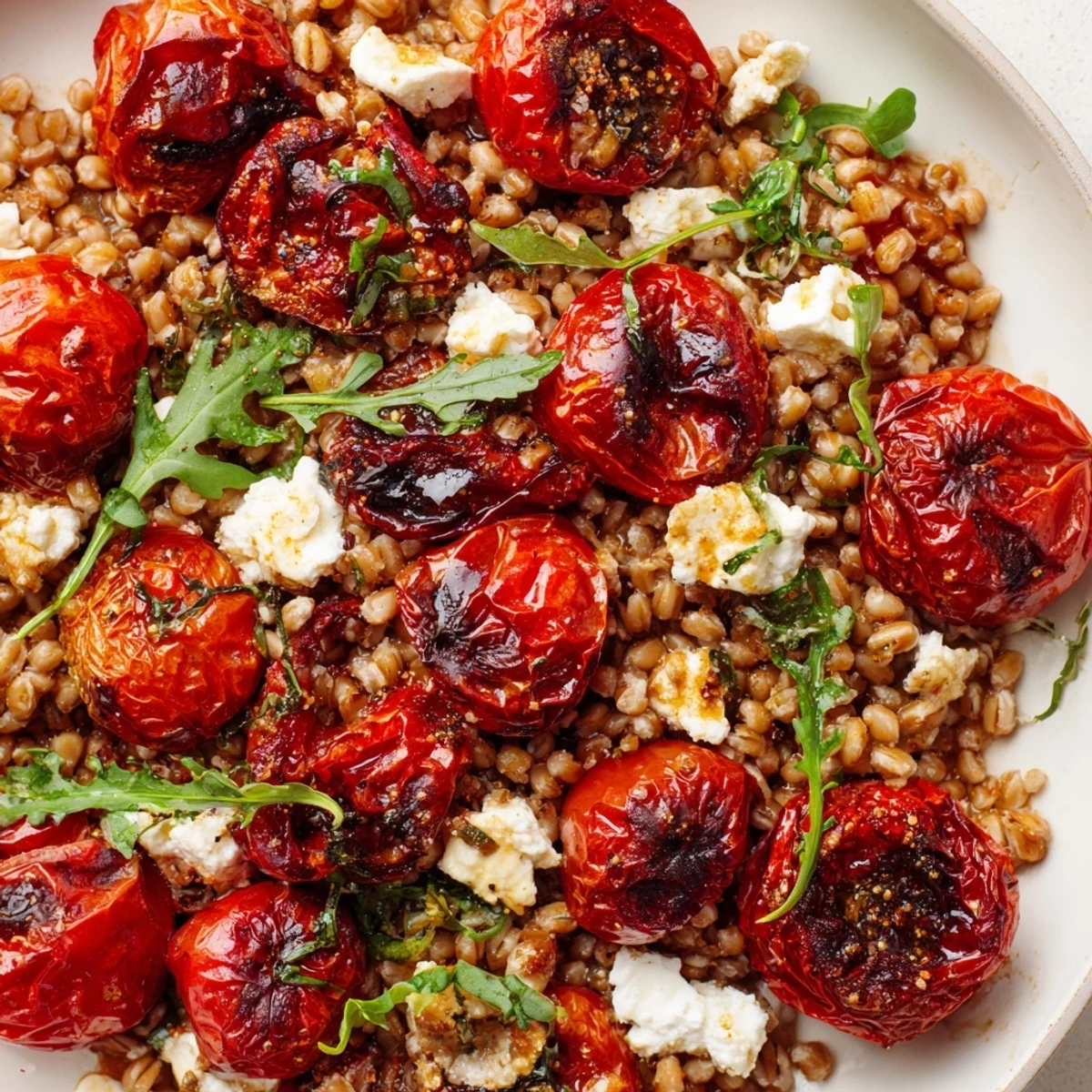 Hearty tomato farro salad bowl with caramelized cherry tomatoes, basil, and creamy feta crumbles