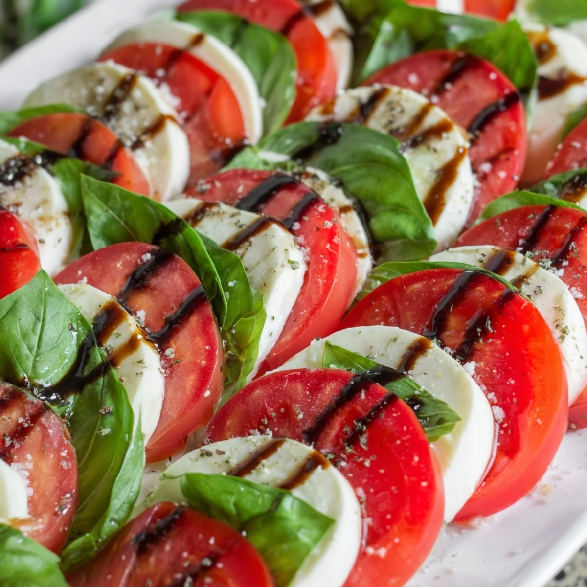 Festive Christmas candy cane Caprese salad arranged with fresh mozzarella slices and ripe tomatoes on a white platter