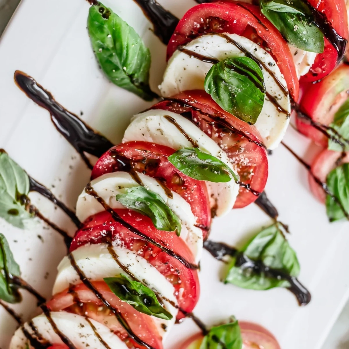 Red and white Christmas candy cane Caprese salad garnished with fresh basil and olive oil on a serving board