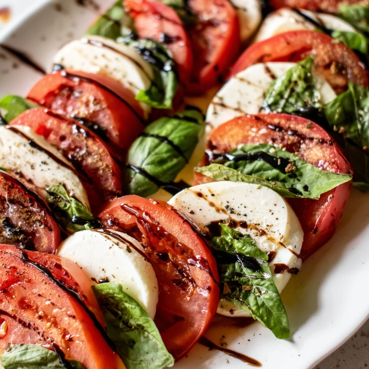 Holiday candy cane Caprese salad featuring basil tucked between alternating mozzarella and tomato slices drizzled with balsamic glaze