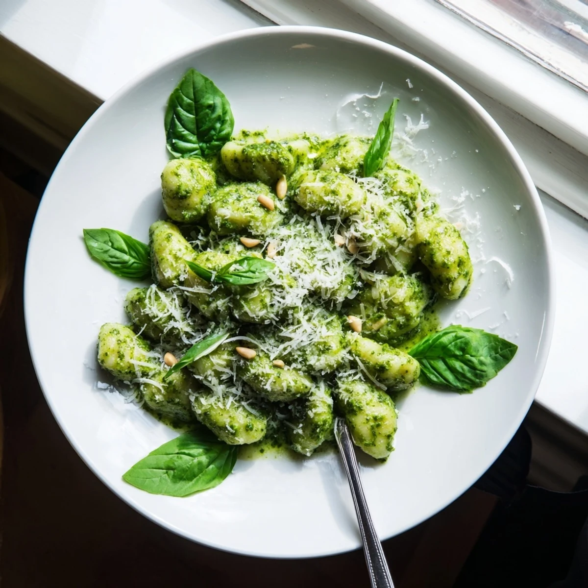 Golden potato gnocchi coated in vibrant green basil pesto sauce with grated Parmesan